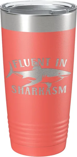 Vista 15 de Fluent in Sharkasm Tumbler Sarcasm Travel Mug Funny Shark Gift Insulated Laser Engraved Coffee Cup 20 oz Black