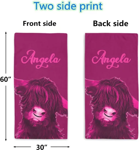 Vista 3 de XOZOTY Toalla de playa personalizada de vaca fresca rosa y roja con nombre para deporte, boda, regalo de cumpleaños, 30 x 60 pulgadas, 2 lados