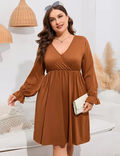 Vista 3 de ShopWonder Vestido de talla grande para mujer, con cuello en V, acampanado, largo hasta la rodilla, vestido de fiesta, minivestido de fiesta