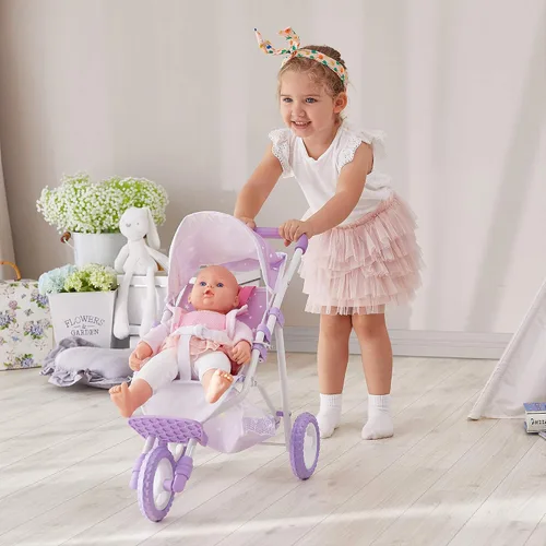 Vista 5 de Olivia's Little World Cochecito de Muñeca Bebé estilo jogging con toldo, cinturón de seguridad y espacio de almacenamiento, morado y blanco