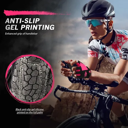 Vista 5 de HTZPLOO Guantes de bicicleta para hombres y mujeres con almohadilla antideslizante que absorbe los golpes, guantes de ciclismo ligeros de medio dedo
