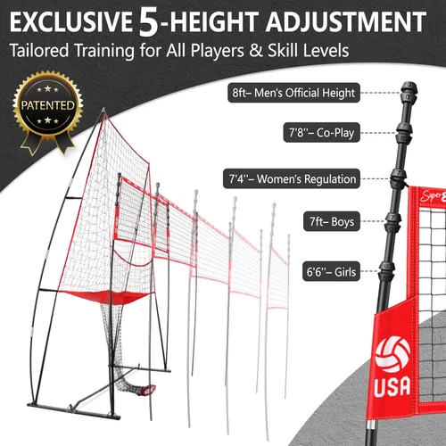 Vista 2 de 2-in-1 Volleyball Practice Net Station with Patented 5-Height (6'6'' to 8'), Heavy Duty Training System for Hitting Spiking Serving, Backyard Indoor