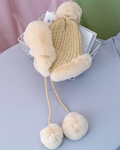 Vista 6 de Gorro de invierno para mujer, suave y mullido de punto con pompón, gorro de piel sintética para niñas, gorra de calavera de ganchillo