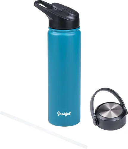 Vista 13 de Goodful Botella de agua de doble pared sellada al vacío, aislada con dos tapas intercambiables, tapas para beber o tragar, a prueba de fugas, boca