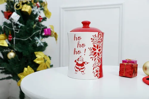 Vista 6 de Stephanie Imports Ho Ho Ho! Tarro de galletas de cerámica con temática navideña para vacaciones de invierno