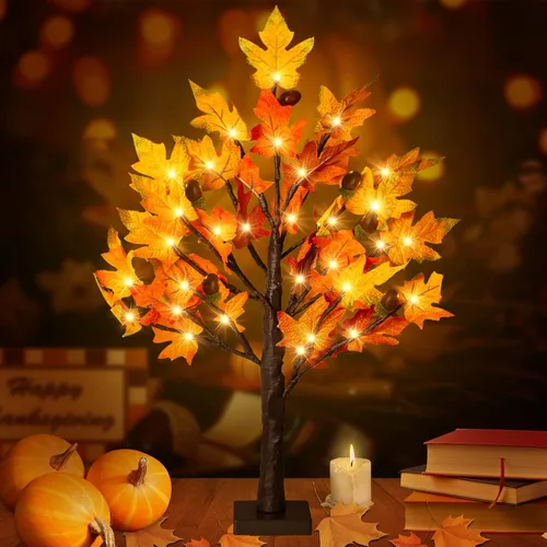 Vista 8 de Árbol de arce de otoño iluminado de 1.5 pies, lámpara de mesa de Acción de Gracias con 36 luces LED, hojas de arce, 6 bellotas, función