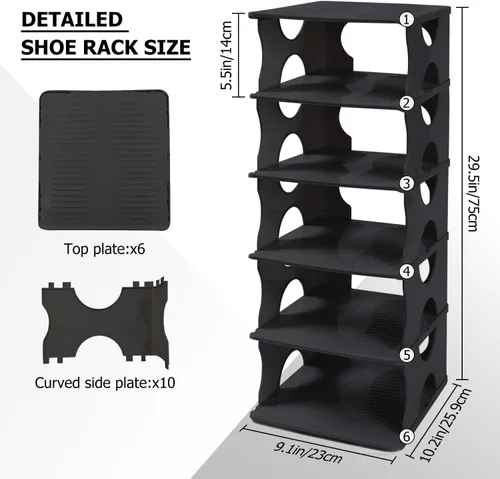 Vista 3 de Zapatero grueso de 6 niveles, organizador de almacenamiento apilable para entrada de dormitorio, estante ajustable, estante con ranuras para Negro