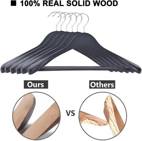 Vista 4 de JS Hanger Perchas de madera para trajes, paquete de 6 perchas de madera extra anchas con barra antideslizante para pantalones, acabado negro extra