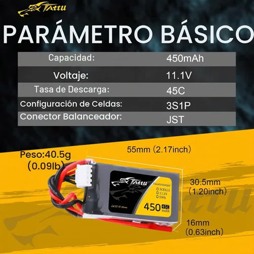Vista 2 de TATTU Batería LiPo de 11.1V 450mAh 3S 45C con enchufe JST (2 piezas)