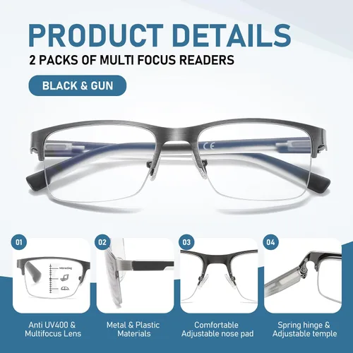 Vista 4 de LKEYE Gafas de lectura multifoco para hombre, sin línea, lector multifocal progresivo, luz azul, marco de metal, lentes trifocales