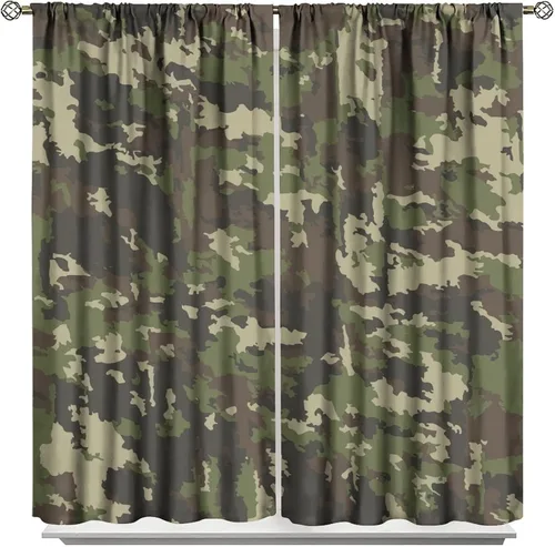 Vista 18 de Cortinas opacas de camuflaje de bosque, animales salvajes, osos, ciervos, alces, con bolsillo para barra, para sala de estar, dormitorio, decoración