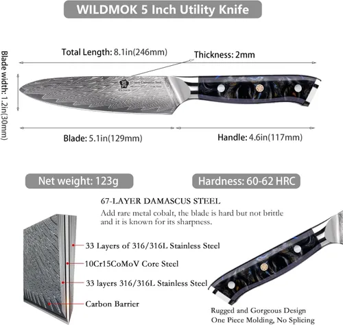 Vista 2 de WILDMOK Cuchillo de cocina de 5 pulgadas, Damasco Japón VG-10, cuchillo de cocina de acero afilado, mango ergonómico de resina de color, caja