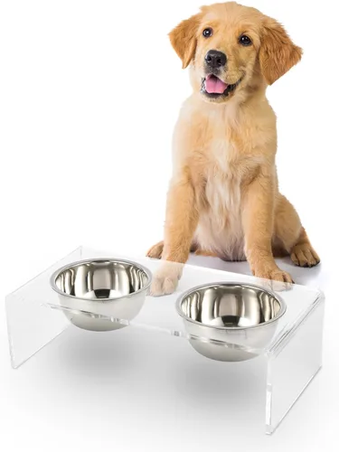 Vista 12 de DBL2000B Keaton - Comedero rectangular elevado moderno de lucita para mascotas de 5 pulgadas, tamaño pequeño/mediano, con 2 cuencos de acero