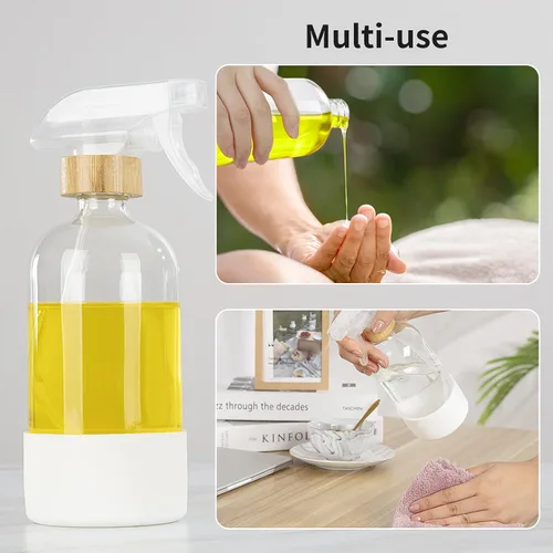 Vista 4 de HOMBYS Botellas vacías de vidrio de bambú con protección de funda de silicona, recipientes de vidrio transparente recargables de 17 onzas