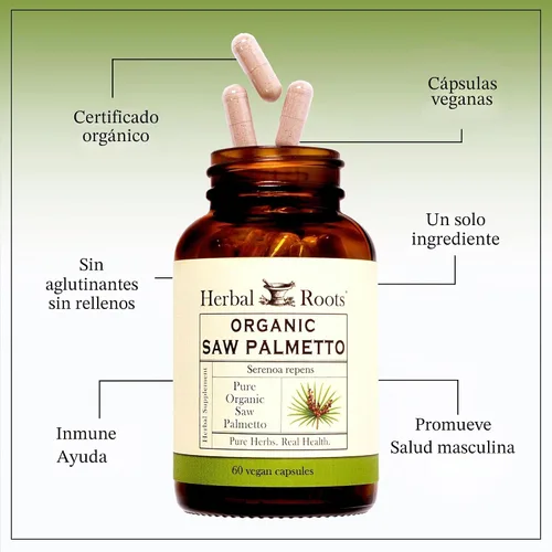 Vista 4 de Herbal Roots Cápsulas orgánicas de palma enana americana 1,000 mg por porción 60 cápsulas veganas orgánicas