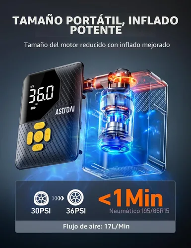 Vista 2 de AstroAI L7 Mini Inflador de Neumáticos Compresor de Aire Portátil, 150 PSI Bomba de Aire Inalámbrica para Neumáticos de Coche con Luces LED