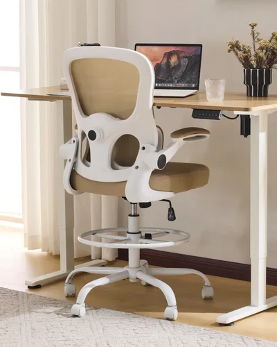 Vista 8 de Karlhome - Silla ergonómica de dibujo con soporte lumbar y reposabrazos abatibles, silla de oficina giratoria alta con anillo reposapiés de altura