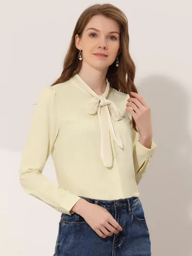 Vista 2 de Allegra K Camisa de manga larga con botones y cuello de lazo para mujer