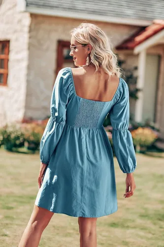 Vista 3 de PRETTYGARDEN Vestido babydoll de manga larga abombada para mujer, casual, cuello cuadrado, cintura elástica, volantes, línea A, mini vestidos