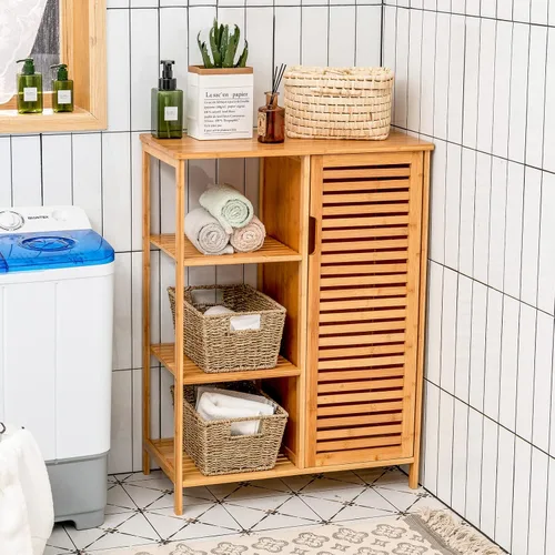 Vista 4 de Tangkula Gabinete de baño de bambú, armario de almacenamiento con puerta de persiana y estantes de 3 niveles, gabinete de baño independiente