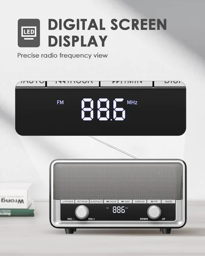Vista 3 de Radio Bluetooth AM FM de madera retro con pantalla de tiempo Negro Ceniza
