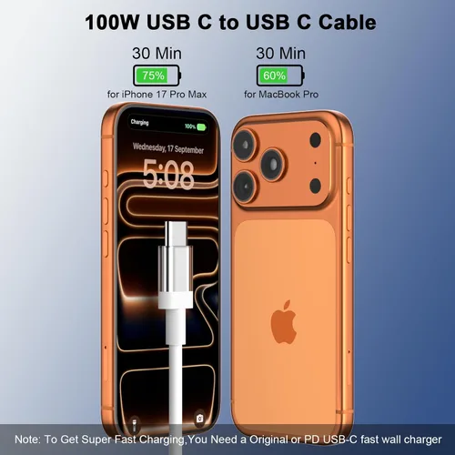 Vista 2 de Cable USB C a USB C de 3 pies 100 W, cable de carga rápida tipo C para iPhone 17e 17 16 Pro Max 15/iPad Pro 10 11/MacBook Air, para Samsung S26 S25