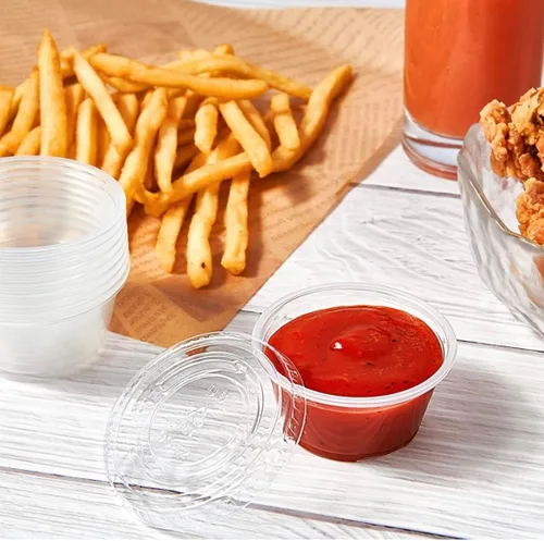Vista 7 de [2 oz- 100 juegos] Vasos de plástico transparente con tapas, tazas de soufflé sin BPA