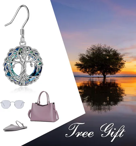 Vista 6 de POPLYKE Aretes colgantes de plata de ley con diseño de árbol de la vida celta para mujer