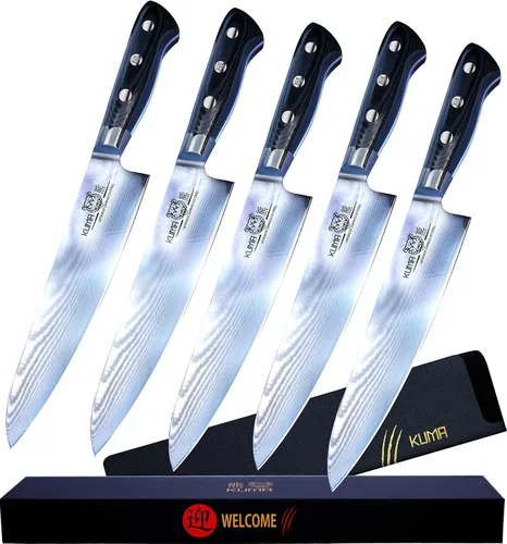 Vista 11 de KUMA Cuchillo profesional de acero de Damasco y cuchillo de chef Pro Bolster Edition con acero al carbono japonés endurecido – Cuchillo de chef de 8