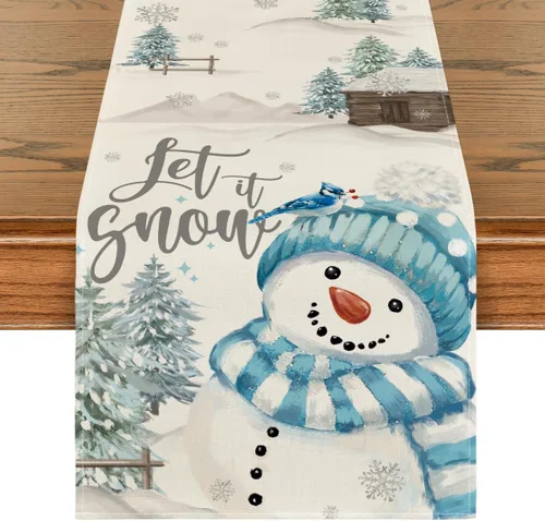 Vista 10 de Artoid Mode Árboles de Navidad Deja que nieve Muñeco de nieve negro Camino de mesa de Navidad, decoración de mesa de comedor para vacaciones