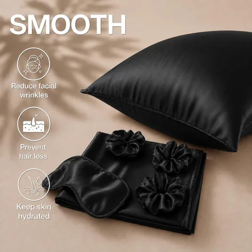 Vista 2 de Cathay Home Juego de accesorios de ropa de cama de satén, fundas de almohada, máscara de ojos, coleteros, suave como la seda, resistente a las Negro
