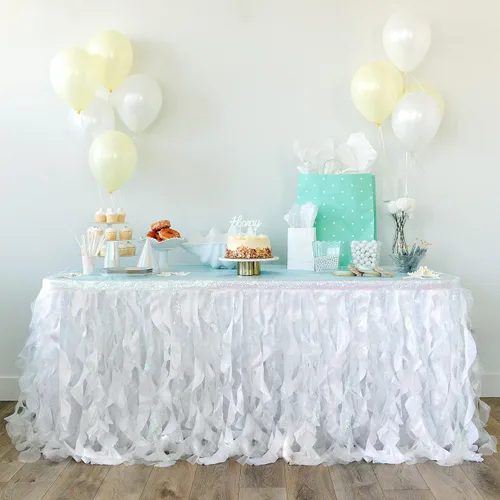 Vista 10 de Falda de mesa tutú azul. Falda de mesa de 6 pies con sauces de organza de doble capa para decoraciones bajo el mar, decoración de primer cumpleaños