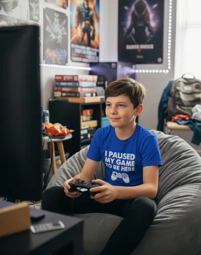 Vista 4 de Tstars Camiseta con texto en inglés "I Paused My Game to Be Here" para niños, camisetas divertidas para niños, regalo de juegos juveniles
