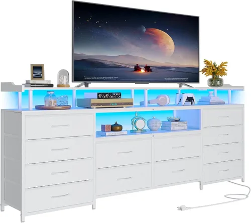 Vista 10 de HAUOMS Soporte de TV Cómoda para TV de 65 Pulgadas, 63" de Ancho con Luces LED y Tomas de Corriente, Cómoda Larga Gris con 12 Cajones de Tela