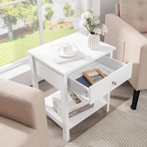 Vista 5 de COSTWAY 2PCS Mesita de noche con cajón Estante de almacenamiento de madera Mesita de noche Sofá Mesa auxiliar Blanco