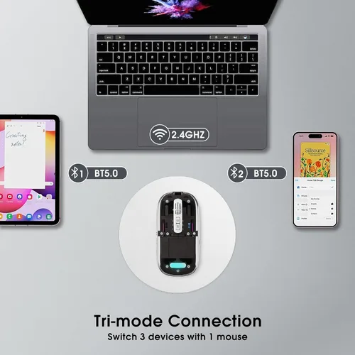 Vista 2 de Mouse inalámbrico transparente para computadora, mouse Bluetooth recargable, pantalla de alimentación, DPI, acceso directo, Bluetooth trimodo