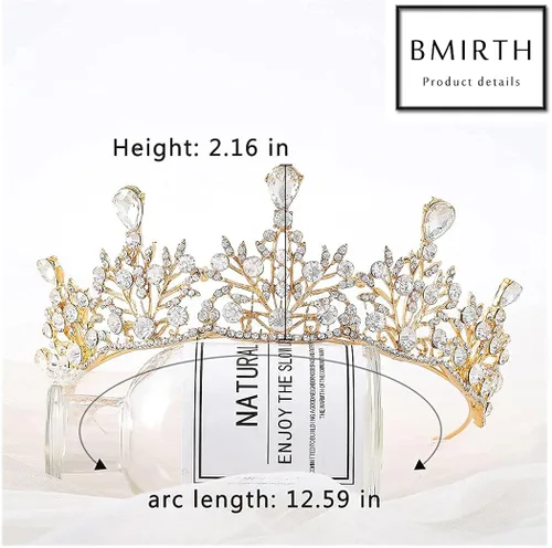 Vista 2 de Bmirth Corona de cristal barroca para boda, tiaras de novia doradas, tocados, joyería de pelo nupcial reina para mujeres y niñas.