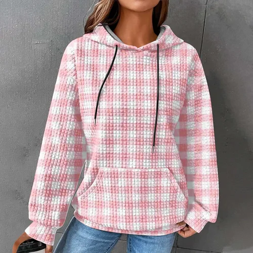 Vista 2 de Ceboyel Sudaderas con capucha de punto gofre para mujer, sudaderas con cordón de ajuste, suéteres casuales de moda, cómodos trajes de otoño