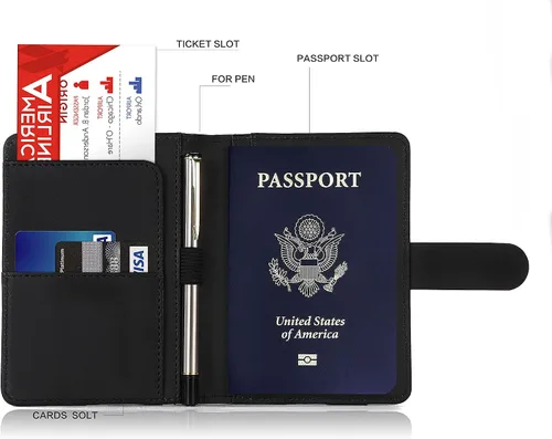 Vista 3 de Melsbrinna Funda de cuero prémium para pasaporte, impermeable, con bloqueo RFID, cartera de viaje con soporte para bolígrafo, bonito libro