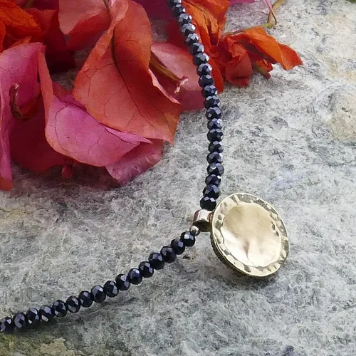 Vista 6 de Two Tone Solid 9k Yellow Gold 925 Sterling Silver and Black Crystal Stone Beaded Pendant Necklace