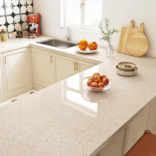 Vista 8 de FunStick 24"x200" Glossy Beige Granite Countertop Contact Paper Beige Terrazzo Wallpaper Peel and Stick Countertops Waterproof Self Adhesive Granite