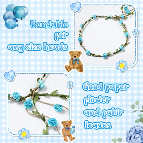 Vista 6 de Tiamon Banda temática de oso para baby shower, baby shower, diadema con corona de flores para revelaciones de género, fiesta de baby shower, Azul