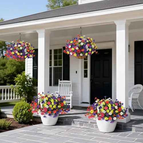 Vista 2 de Homsunny Plantas artificiales colgantes con cesta para exteriores, petunias falsas, de seda, para exteriores, porche, patio, balcón, jardín