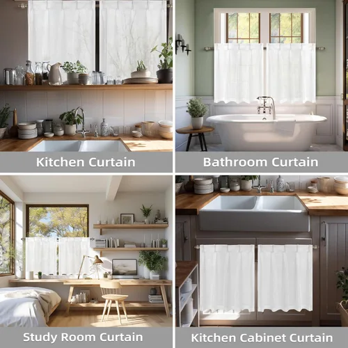 Vista 6 de DriftAway Cortinas plisadas de lino con textura corta de lino para ventana pequeña, baño, lavandería, 2 paneles con pestañas traseras, estilo Blanco