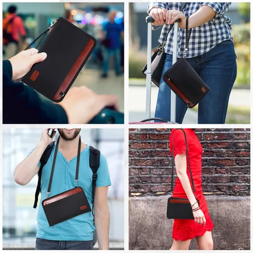 Vista 5 de Cartera para pasaporte, organizador de documentos de viaje con cremallera, bloqueo RFID, múltiples soportes para pasaportes, Negro, 6 passports