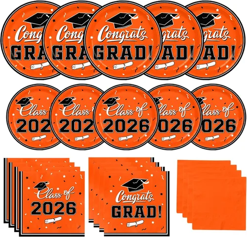 Vista 9 de Platos y servilletas de fiesta de graduación, decoraciones de graduación de clase de 2026, platos de papel desechables negros y dorados, servilletas