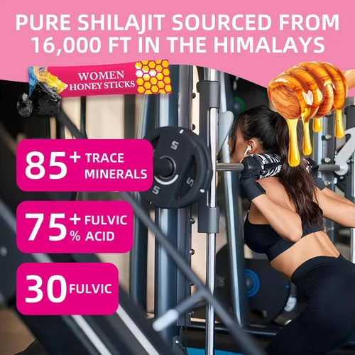 Vista 3 de Bloomin - Palitos de miel Shilajit para mujeres, palitos de miel de fresa, energía natural y potenciador de vitalidad con shatavari y azafrán