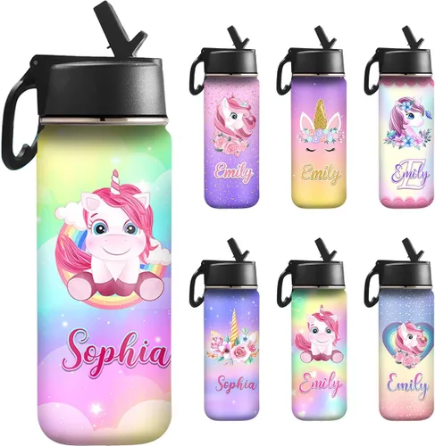 Vista 12 de InterestPrint Botella de agua personalizada para niños de 18 onzas con tapa de pajilla, botella de agua aislada de doble pared de acero inoxidable