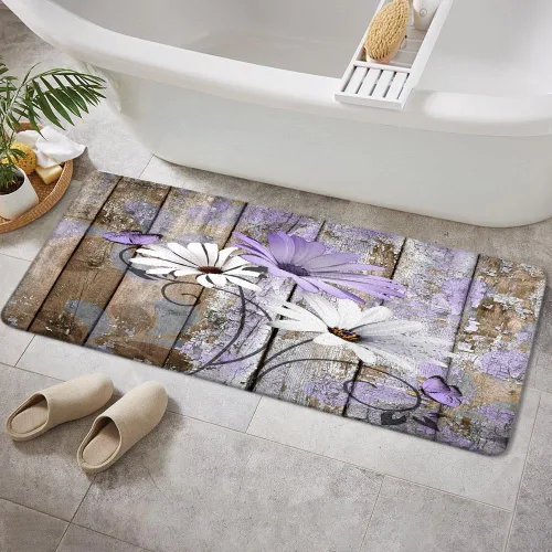 Vista 36 de JAWO Alfombra de baño con flores de granja, dalia en tablones de madera rústica, juego de tapetes de baño con flores azules, en forma de U
