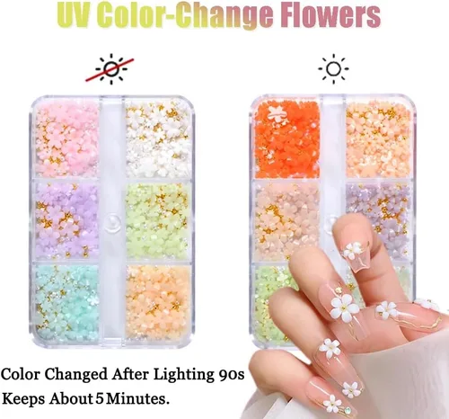 Vista 5 de Abalorios de uñas de flores 3D, 2 cajas de acrílico 3D de flores de arte de uñas y gemas blancas y rosas mezcladas con diamantes de imitación